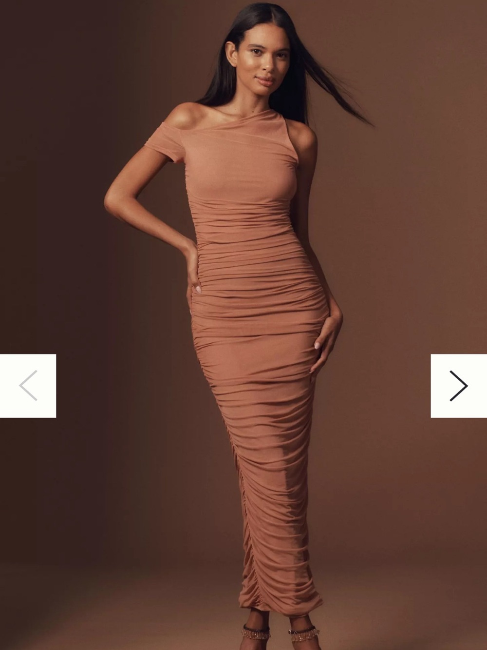 Anthropologie Brown Ruched Maxi Dress
